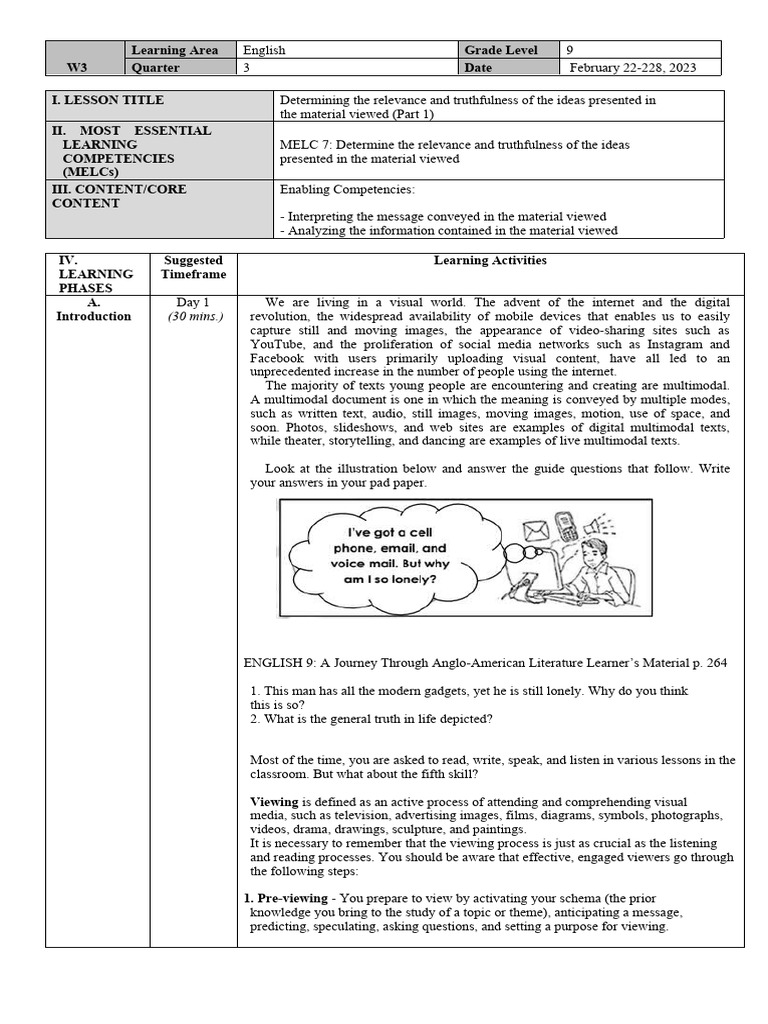 English 9 Q3 Week 3 Pdf Learning Cognitive Science