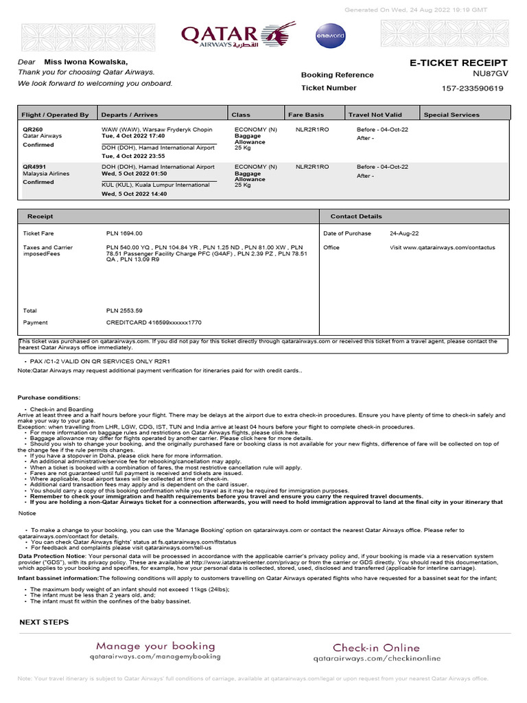 Qatar Airways Booking Confirmation | PDF | Aviation | Civil Aviation