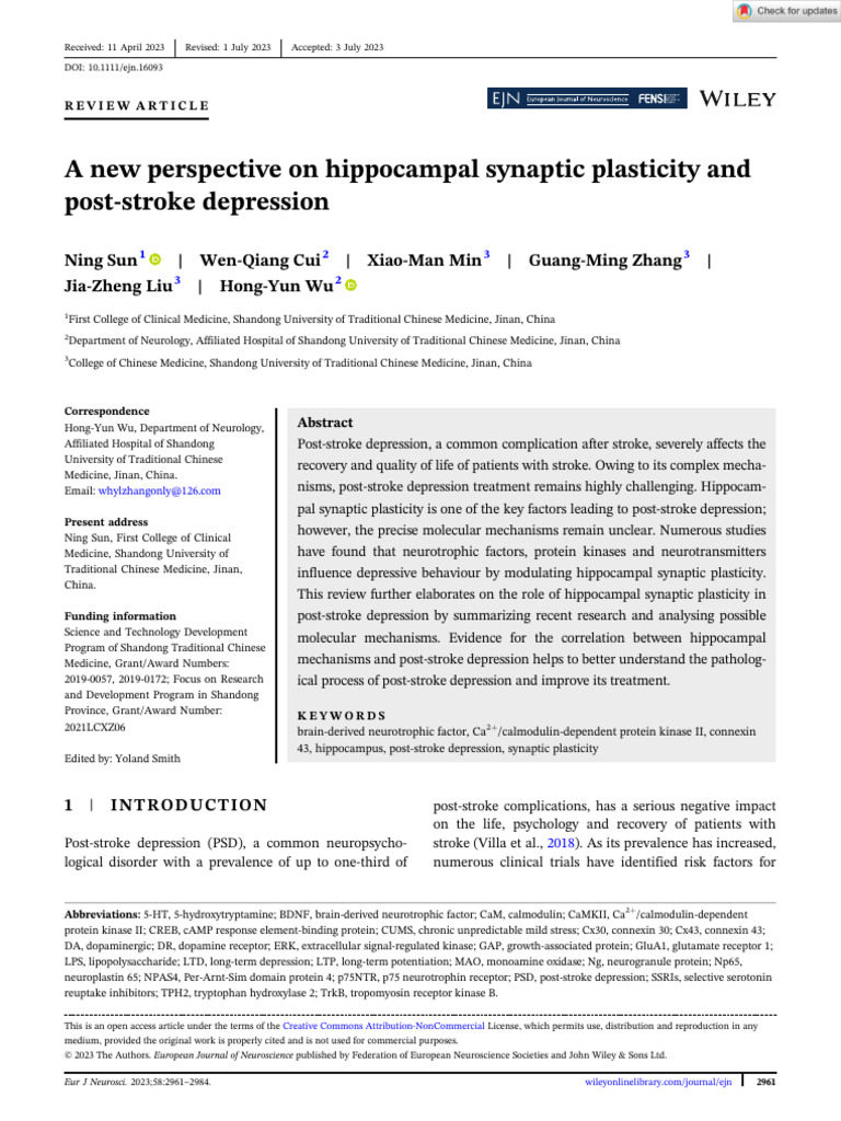 Hippocampal Plasticity in Post-Stroke Depression | PDF | Long Term ...