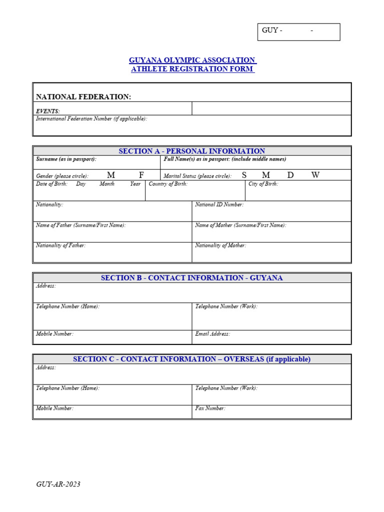 Guyana Olympic Athlete Registration Form | PDF | Passport | Travel Visa