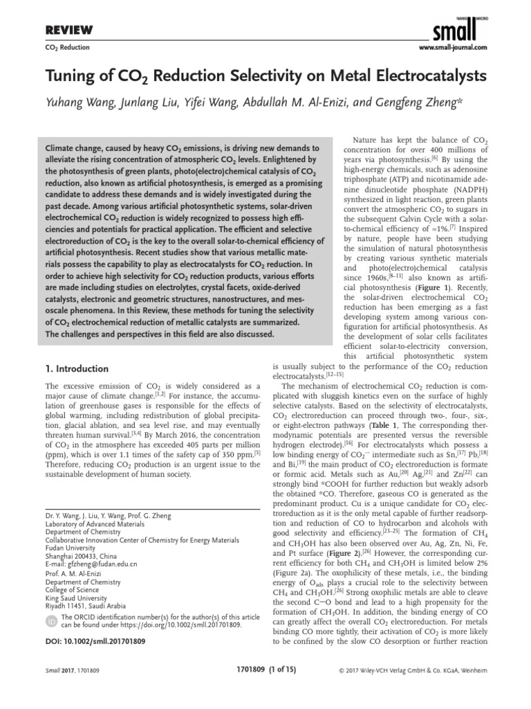 Tuning of CO2 Reduction Selectivity On Metal Electrocatalysts Wang2017 ...