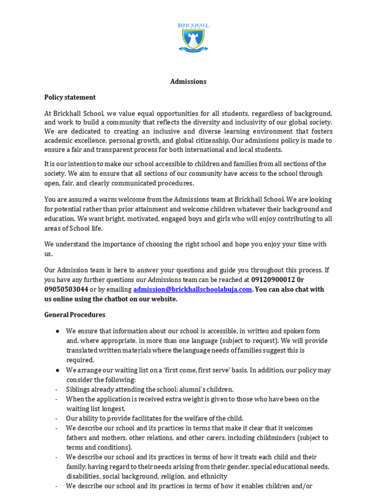 Brickhall Admission Policy | PDF | University And College Admission ...