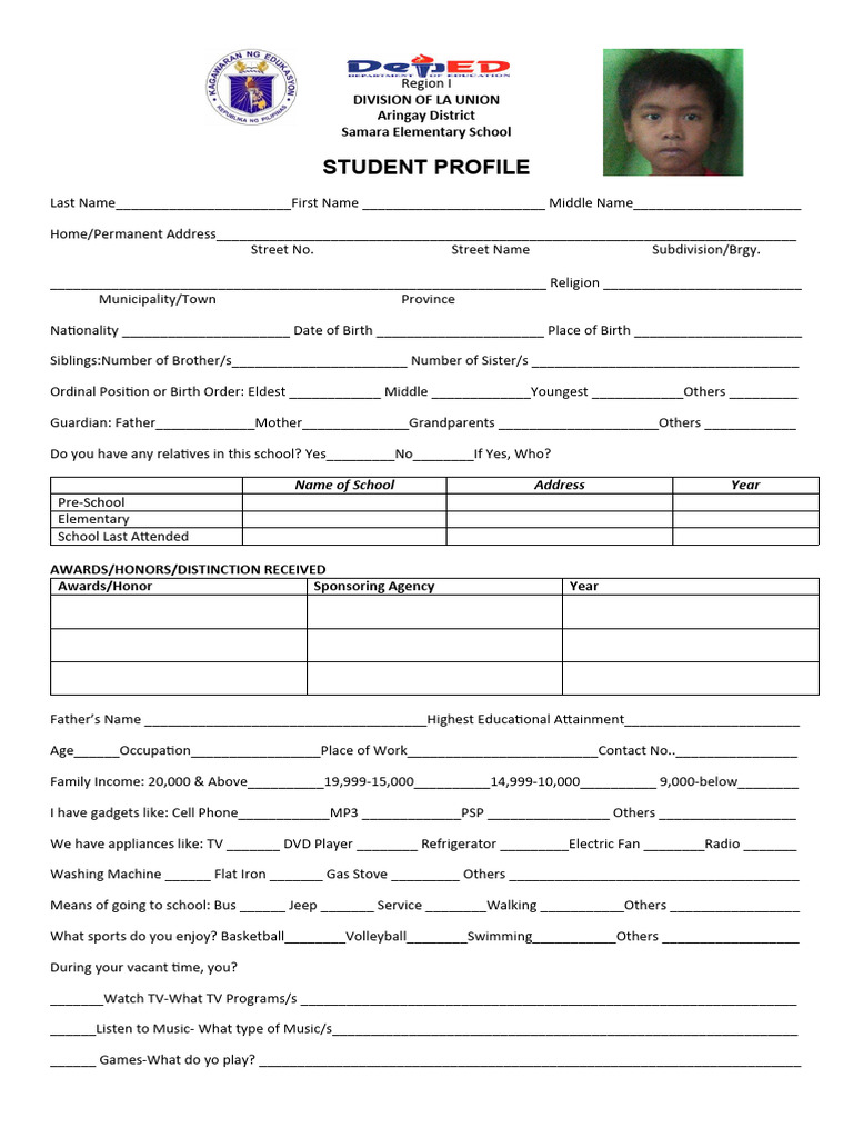 Student Profile Form for Samara Elementary | PDF | Home Appliance ...