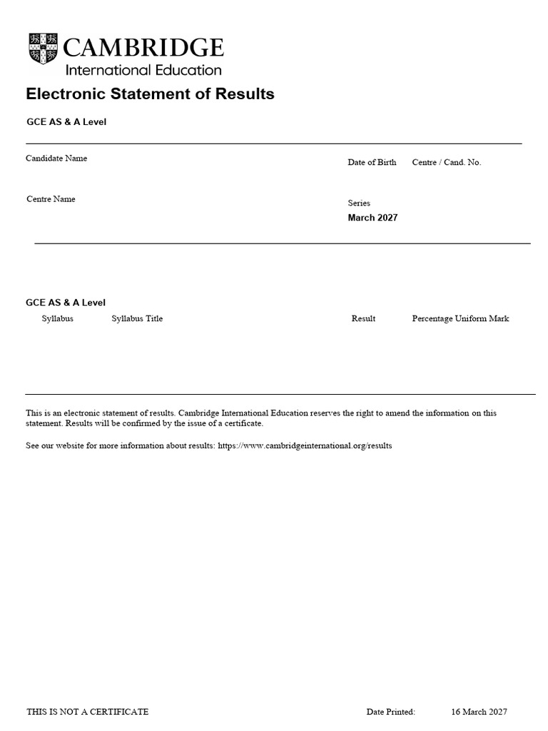 GCE AS & A Level Results Statement | PDF