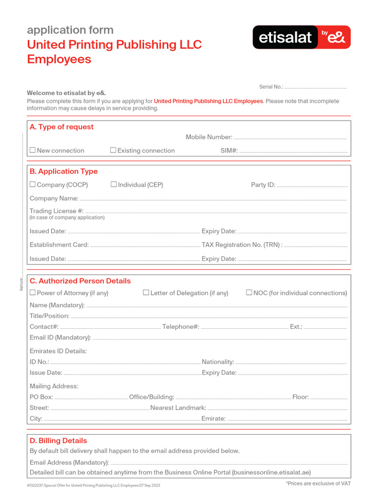Etisalat Application Form for UPP Employees | PDF | Roaming ...