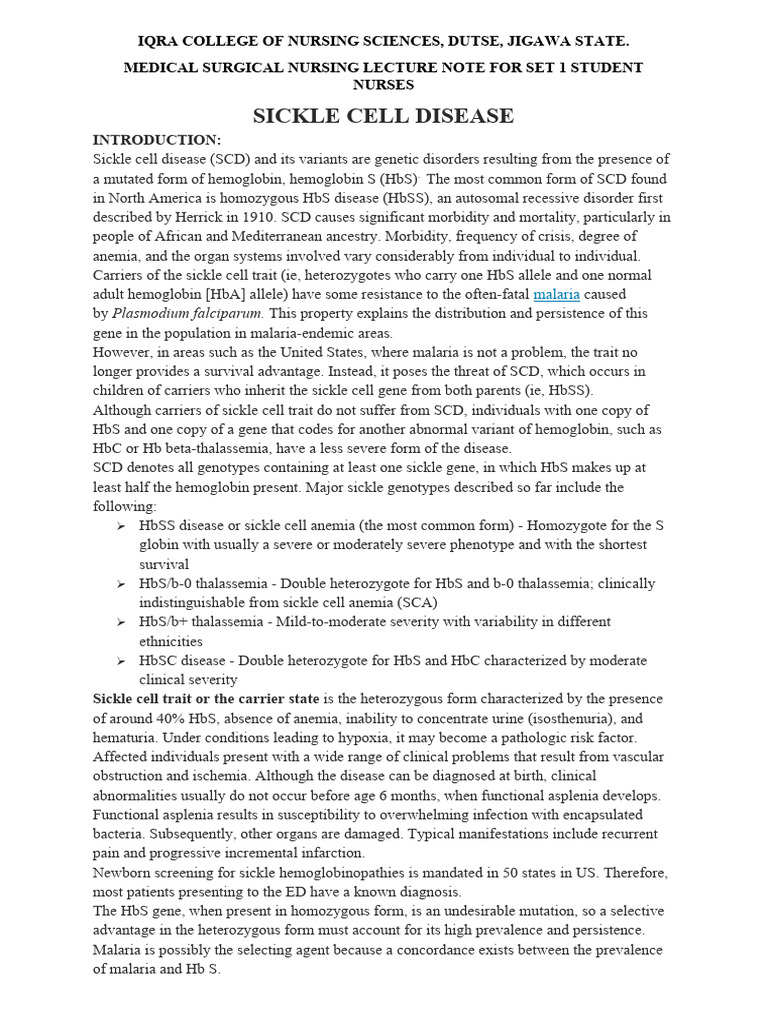 Sickle Cell Disease Overview for Nursing Students | PDF | Clinical ...