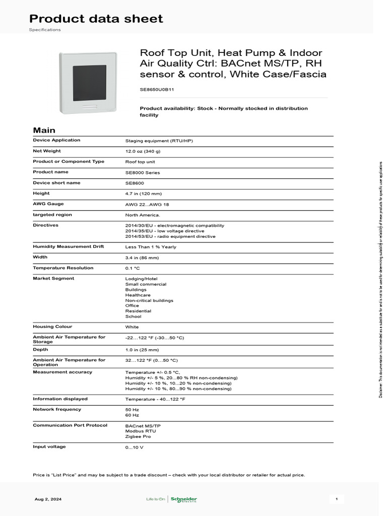 Schneider Electric - SpaceLogic-SE8000-Room-Controller - SE8650U0B11 ...