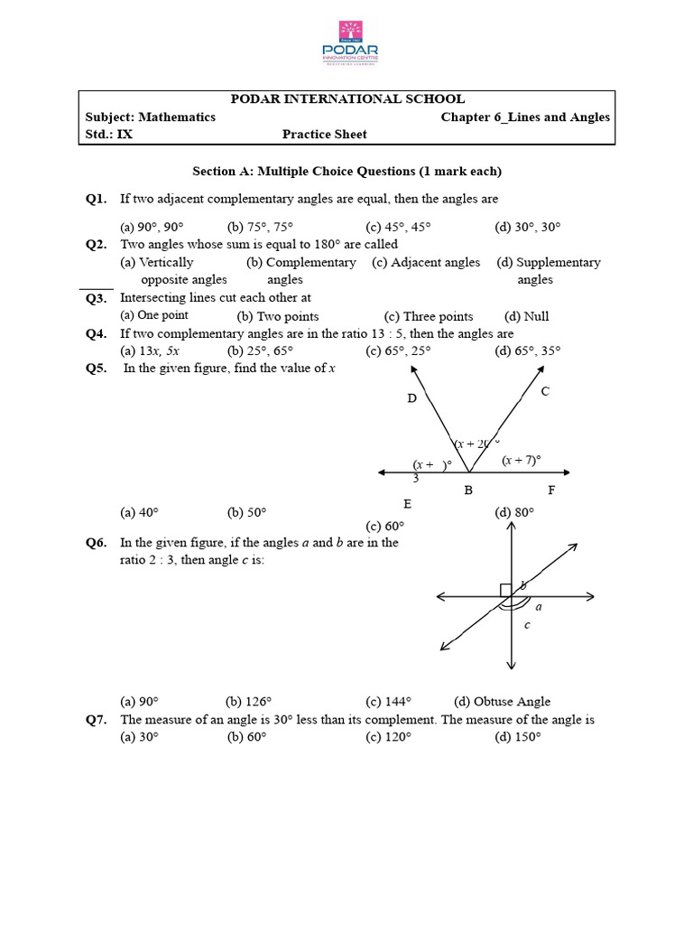 Class 9 Lines and Angles Practice Sheet | PDF | Elementary Mathematics ...
