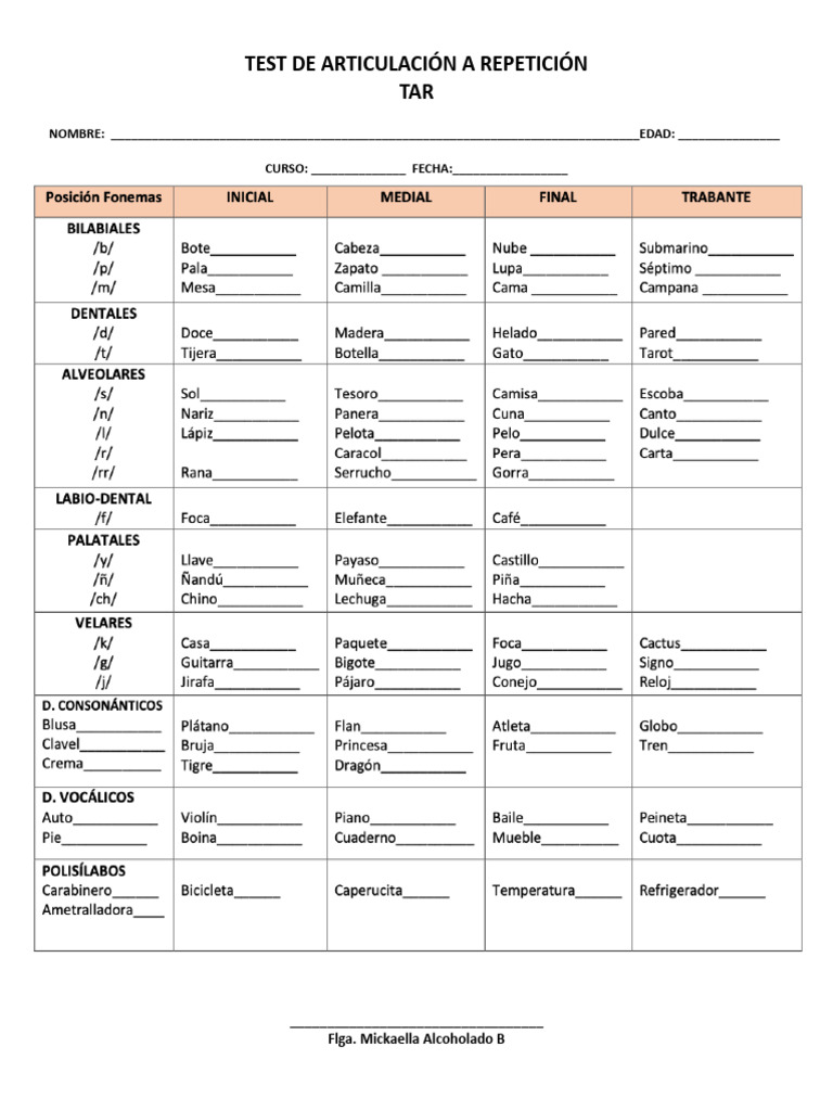 Test de Articulación A Repetición TAR | PDF