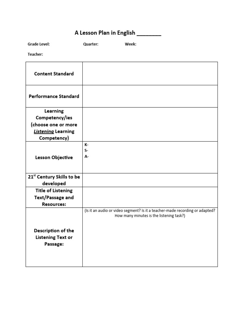 A Lesson Plan In Teaching Listening Pdf Lesson Plan Learning