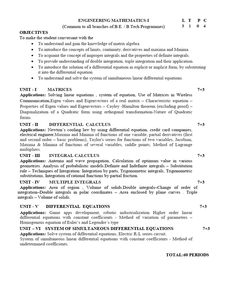 Engineering Mathematics I Overview | PDF | Integral | Equations