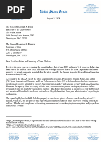 Letter To President Biden and Sec Blinken On Tax Dollars To Taliban