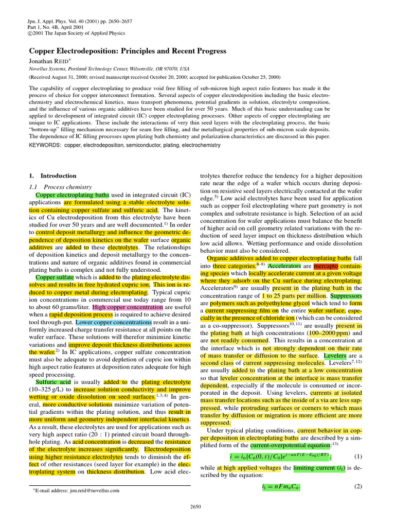 Copper Electrodeposition in ICs | PDF | Anode | Electricity