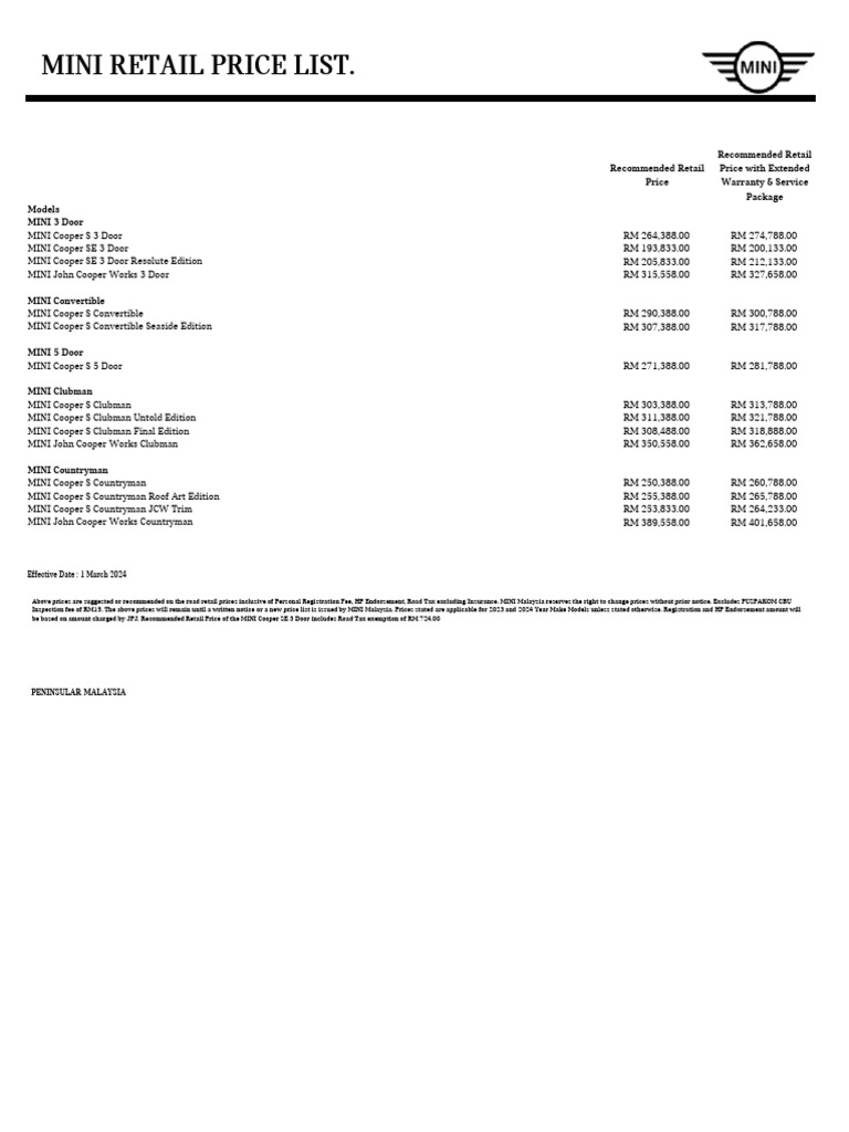MINI Malaysia Retail Price List 2024 | PDF | Mini | Vehicles