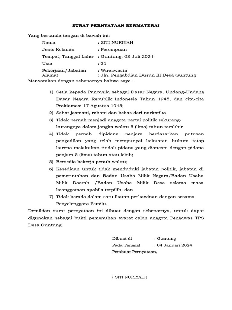 Surat Pernyataan Bermaterai | PDF