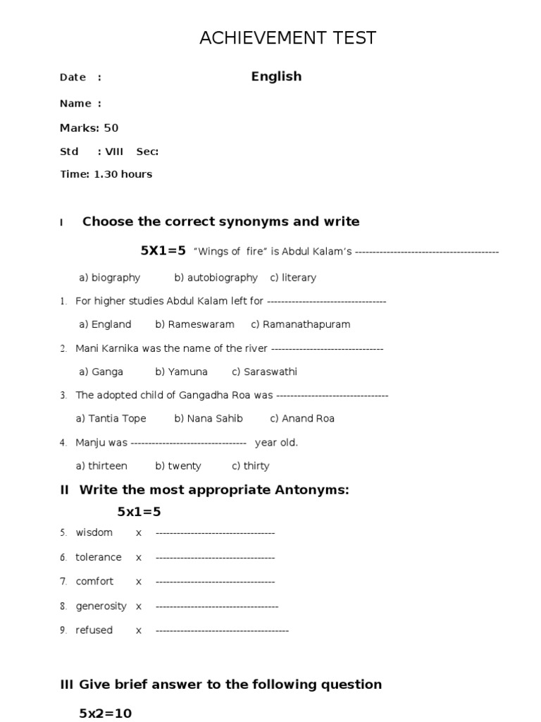 Achievement Test for VIII Grade Students | PDF