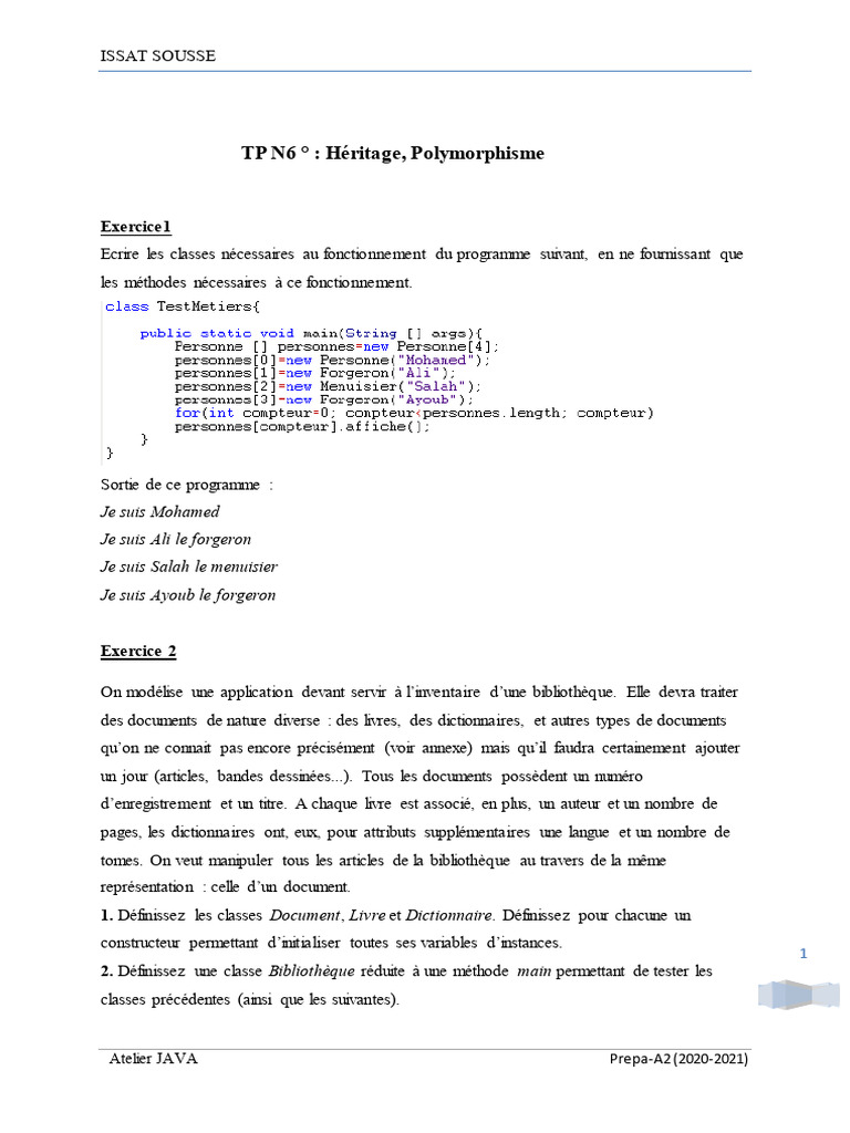 Atelier JAVA : Héritage et Polymorphisme | PDF | Java (Langage de ...