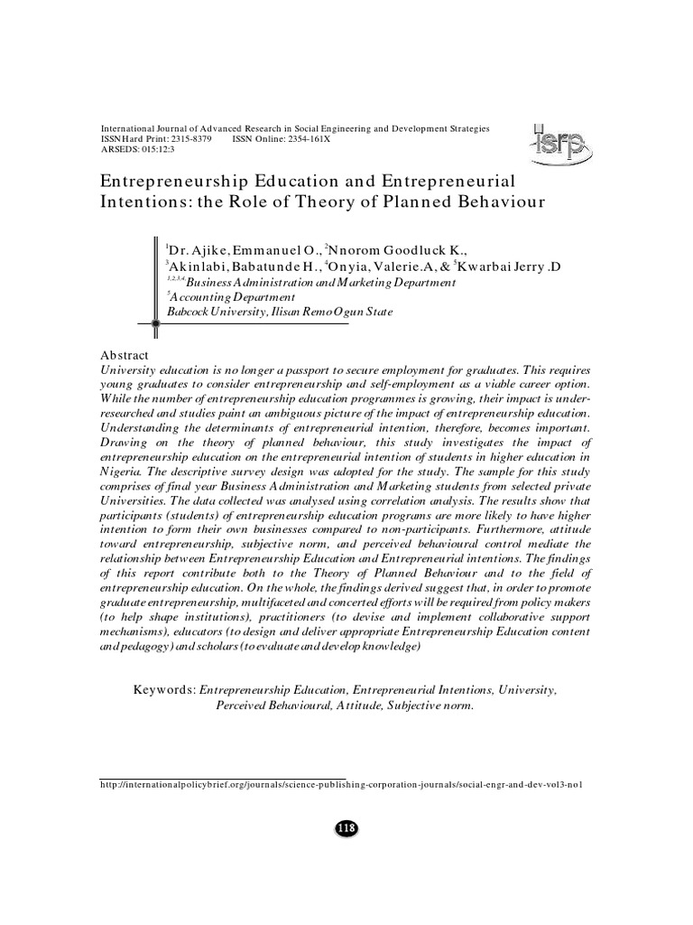 Impact of Entrepreneurship Education on Intentions | PDF ...