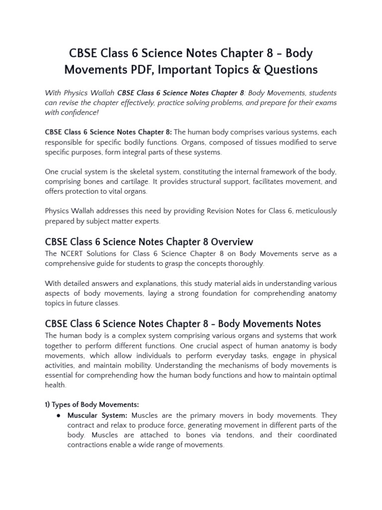 Cbse class 6 science notes chapter 8 pdf anatomical terms of motion