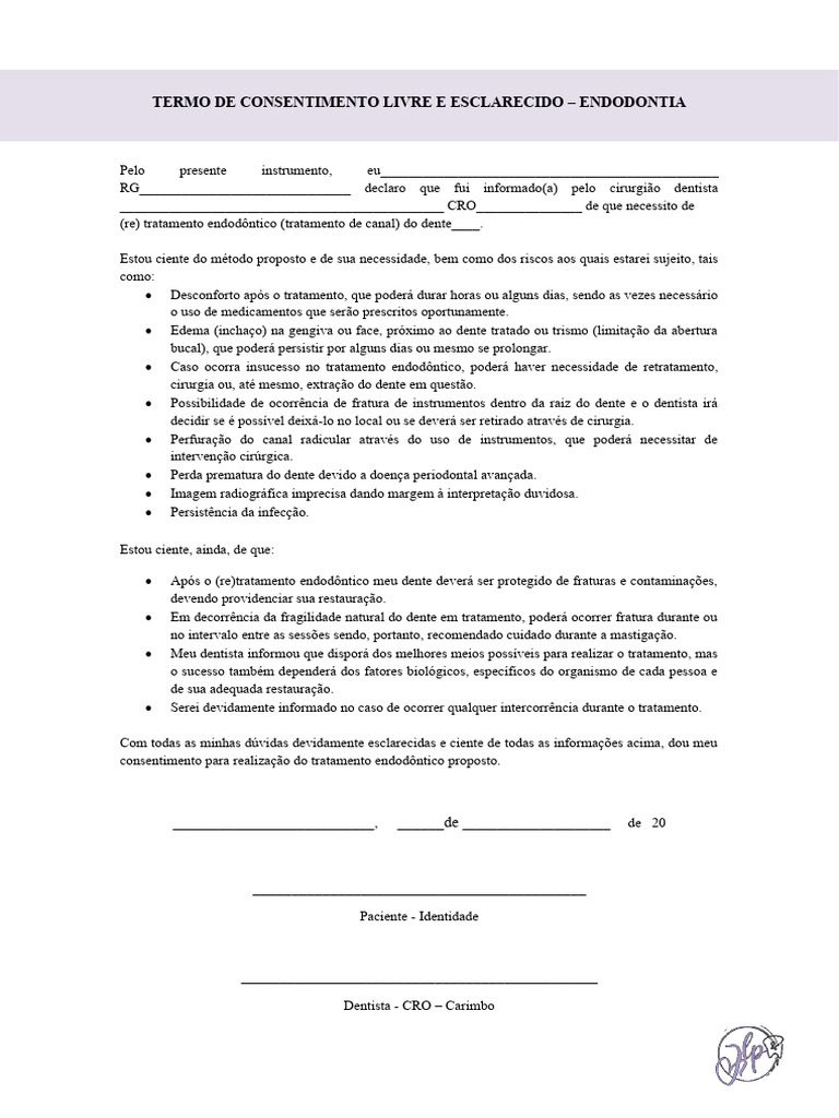 Consentimento para Tratamento Endodôntico | PDF | Odontologia | Causas ...