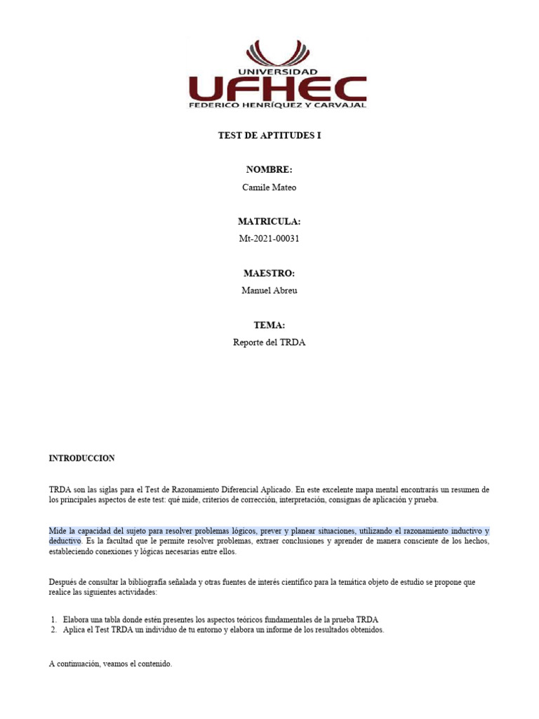 Informe sobre el Test TRDA de Camile Mateo | PDF | Inteligencia ...