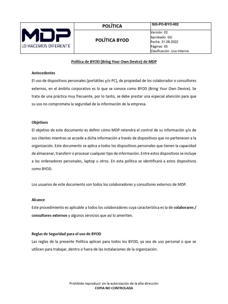 Política de Seguridad BYOD MDP | PDF | La seguridad informática | Seguridad