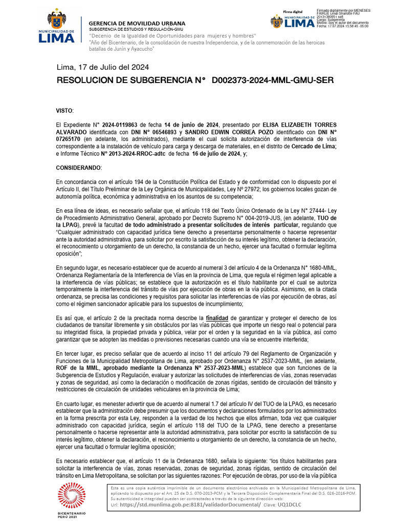 Resolucion de Subgerencia-002373-2024-Gmu-Ser | PDF | Documento de