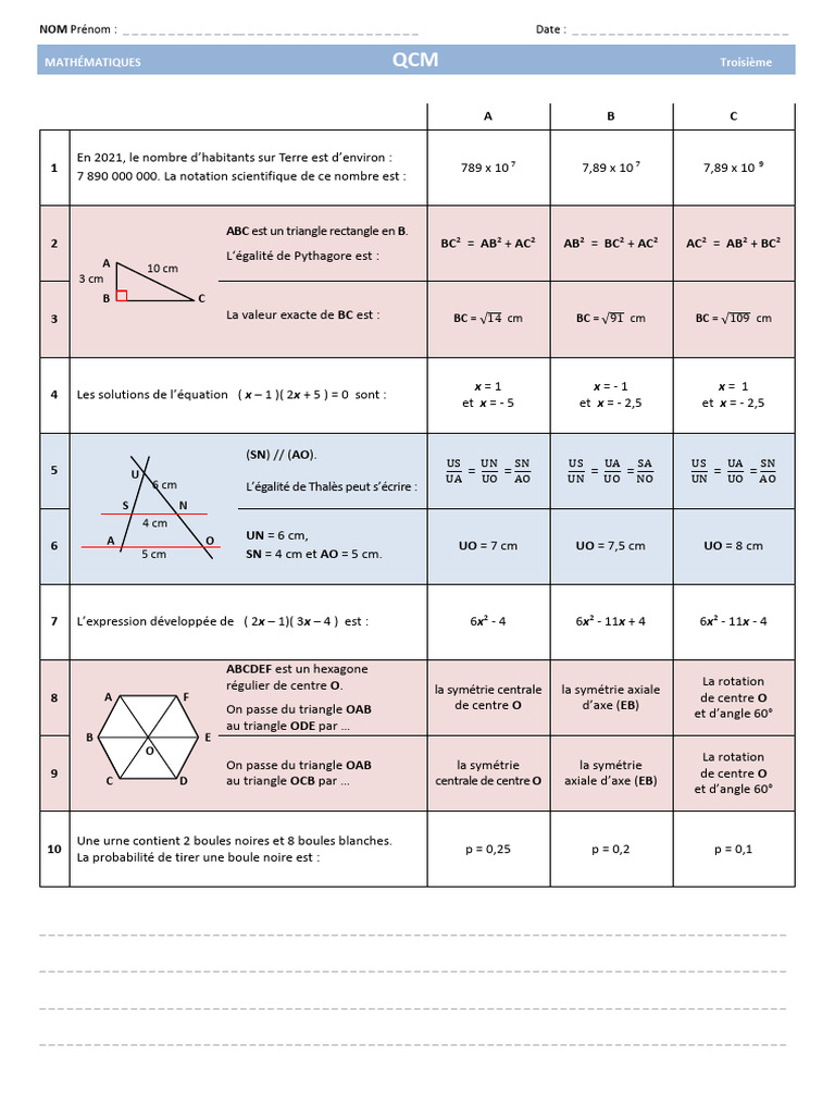 QCM Mathématiques Troisième 2021 | PDF | Géométrie euclidienne | Géométrie