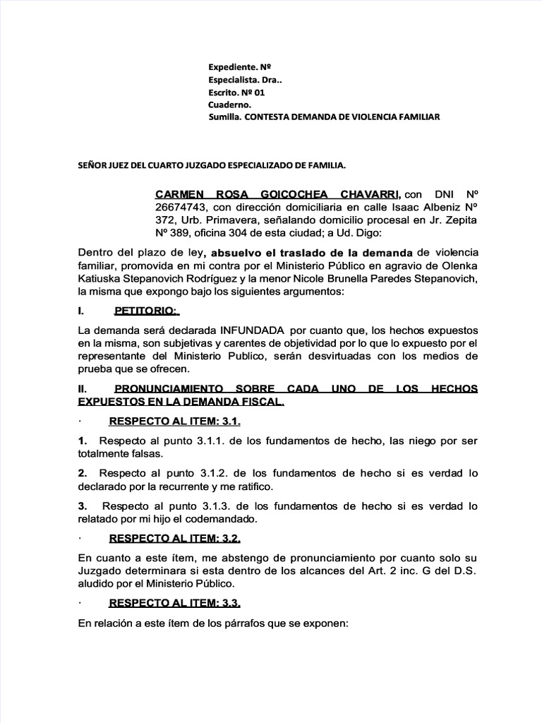 Contestación de Demanda Familiar | PDF