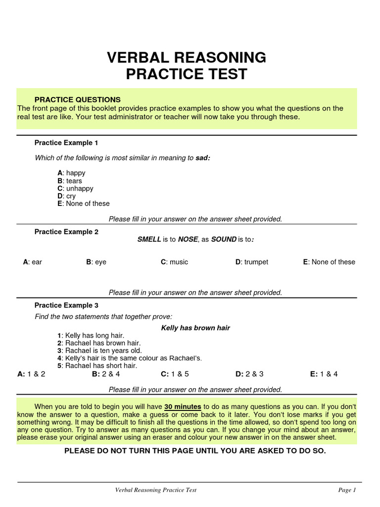 Verbal Reasoning Practice Test Questions | PDF