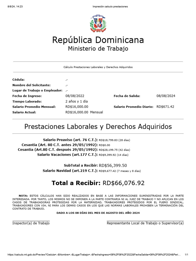 Calculo de prestaciones laborales 1 08 08 2024 pdf