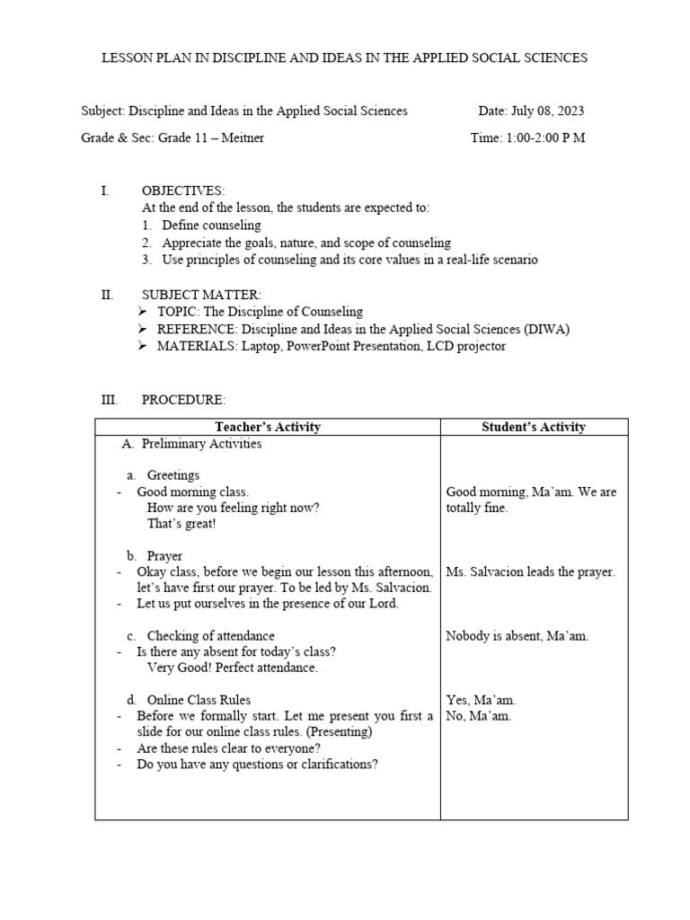Counseling Discipline Lesson Plan | PDF | Counseling Psychology ...