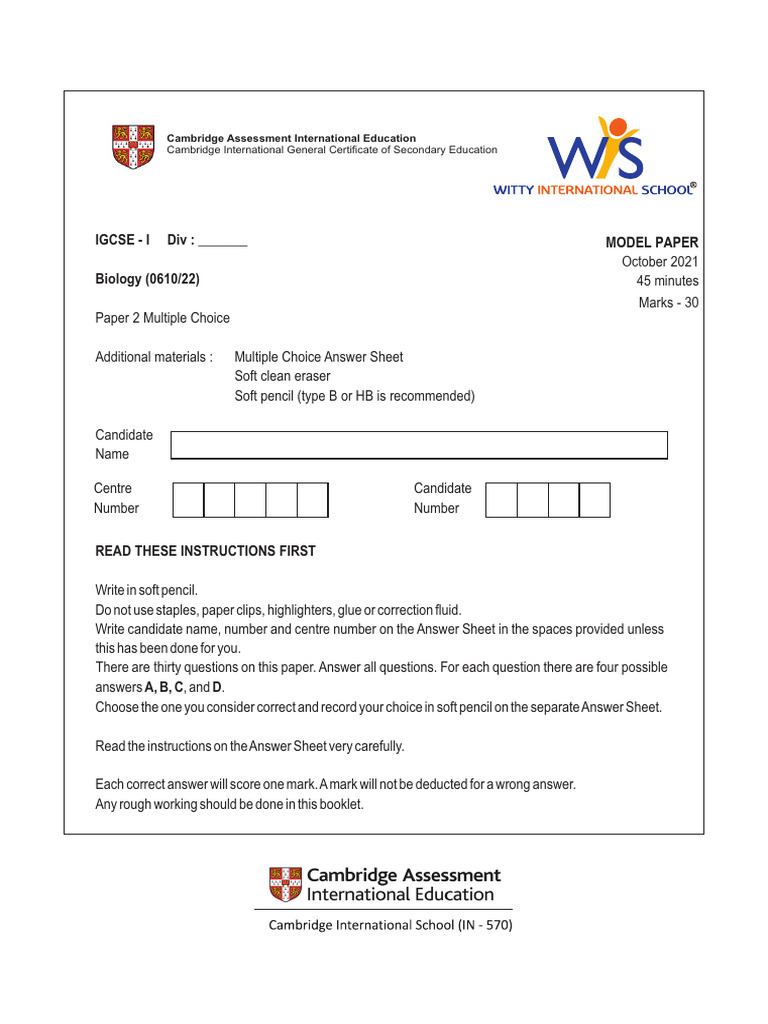 IGCSE Biology Paper 2 MCQ Model | PDF | Cell (Biology) | Enzyme