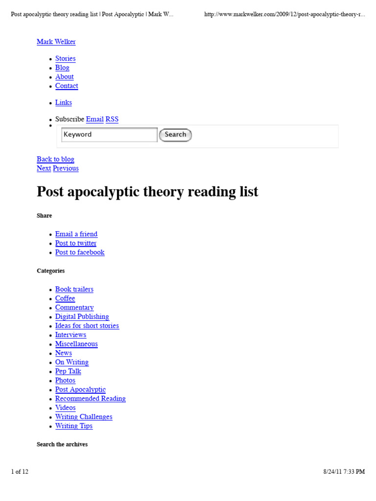 Post Apocalyptic Theory Reading List - Post Apocalyptic - Mark Welker ...