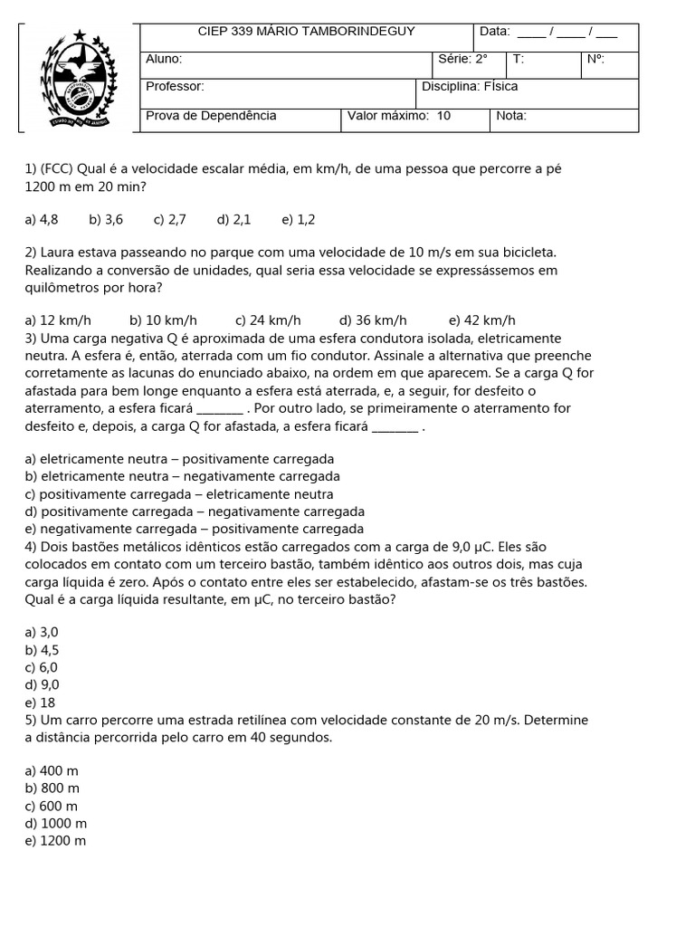 Prova de Física - CIEP 339 Mário Tamborindeguy | PDF