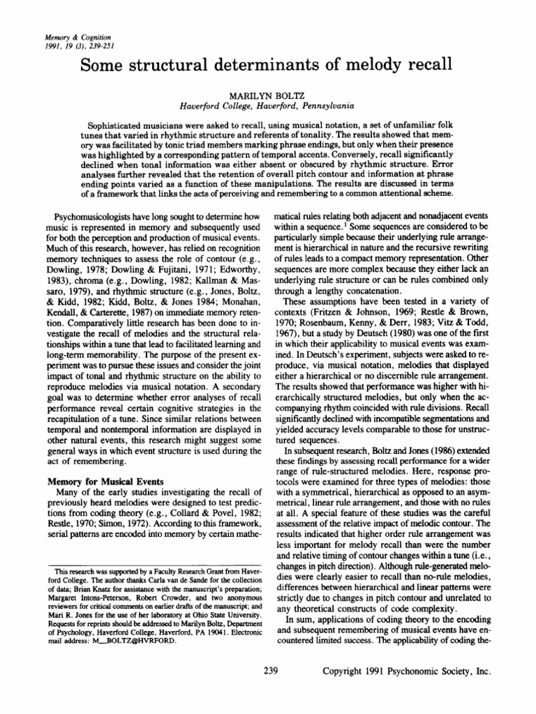 Some Structural Determinants of Melody Recall | PDF | Rhythm | Scale ...