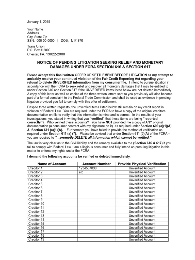 FCRA Settlement Offer Letter Template | PDF | Justice | Crime & Violence