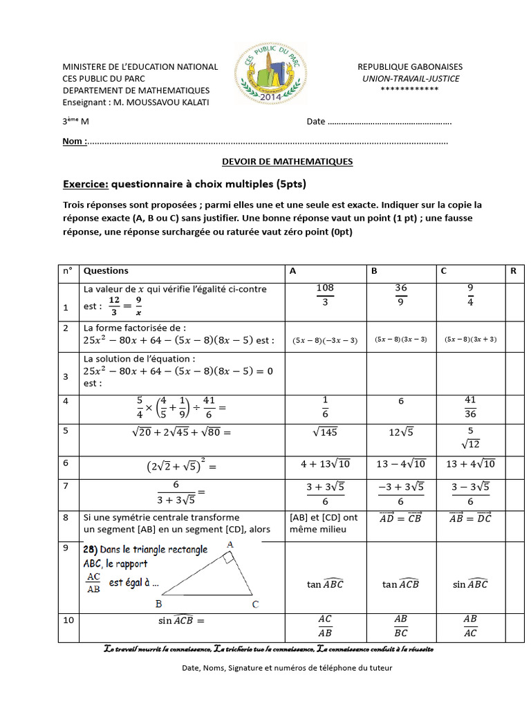 Devoir de mathématiques 3ème M - QCM | PDF | Mathématiques