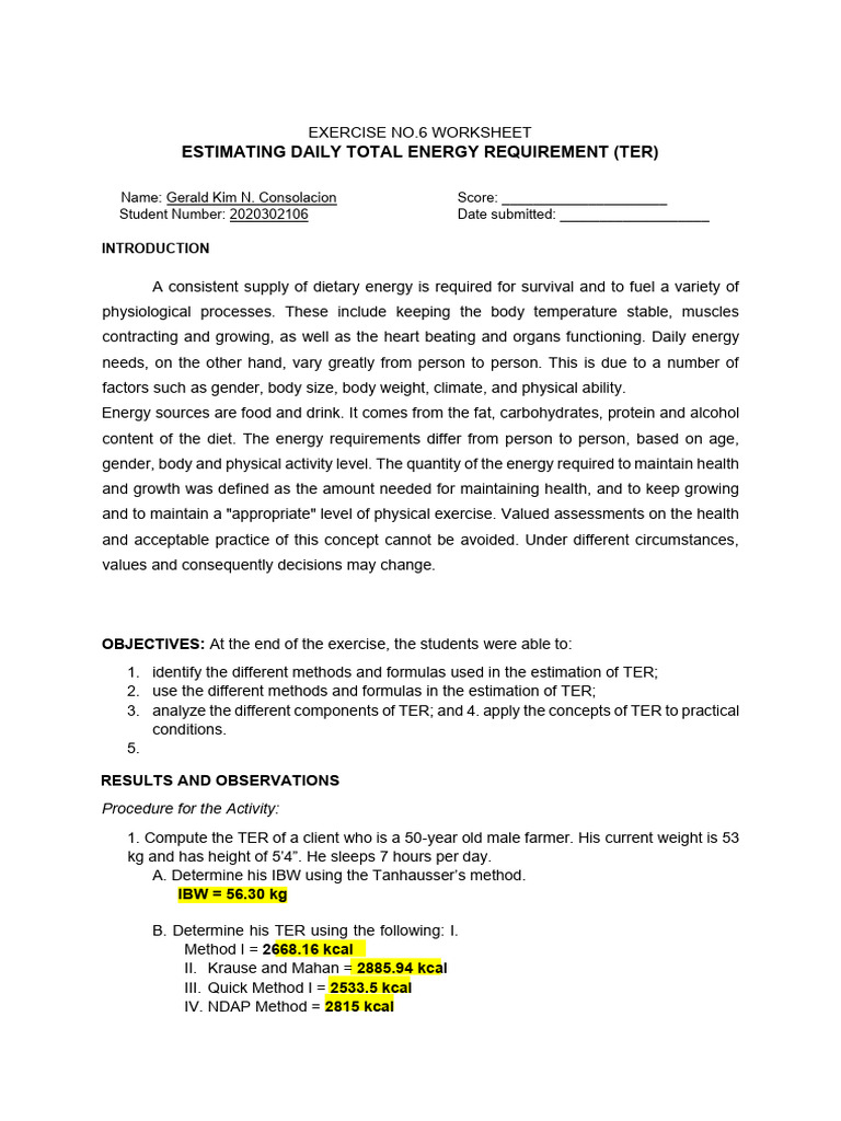 Estimating Total Energy Requirement (TER) | PDF | Dieting | Nutrition