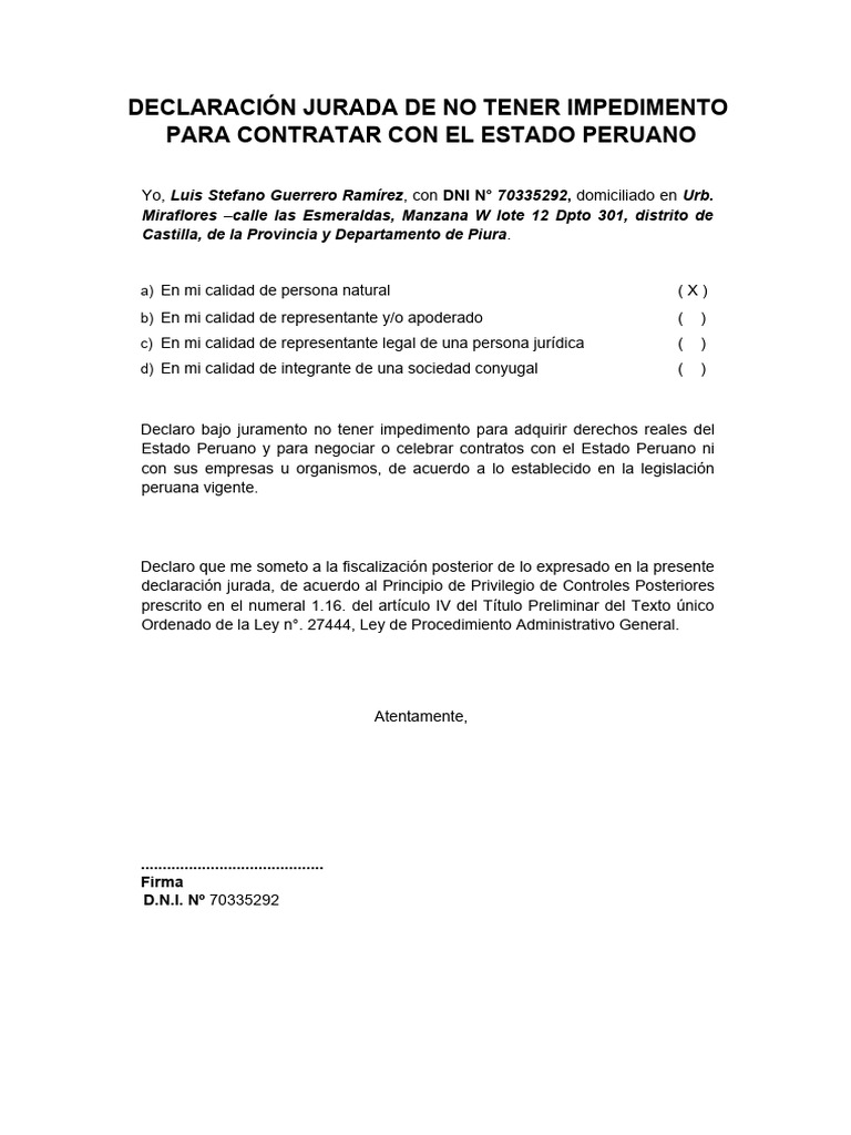 Declaración Jurada Simple de No Estar Inhabilitado de Contratar Con El ...