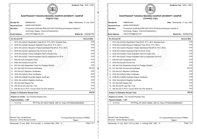 RTMNU Provisional Certificate Receipt | PDF | Doctor Of Philosophy ...