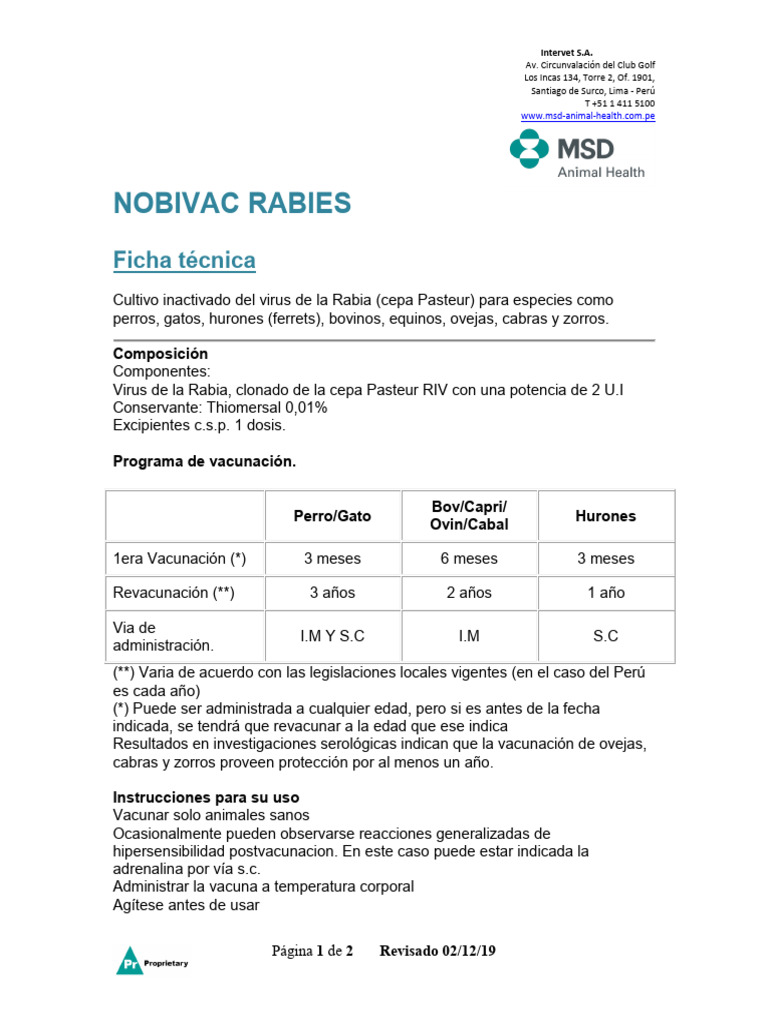 Nobivac Rabies Ficha Tecnica | PDF | Salud pública | Ciencias de la Salud
