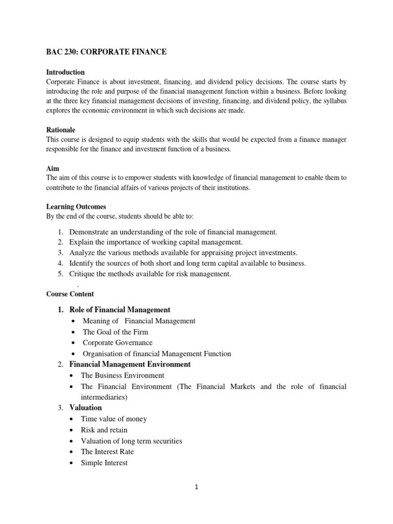 Corporate Finance Course Overview | PDF | Investing | Capital Budgeting