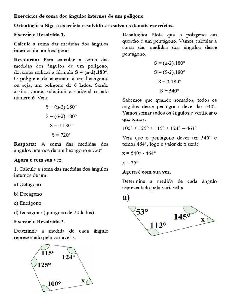 Exercicios de Soma Dos Angulos Internos de Um Poligono-1 | PDF ...