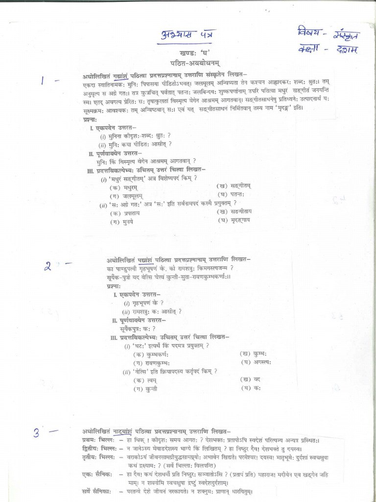 CBSE Class 10 Sanskrit Worksheet Revision Worksheet PDF