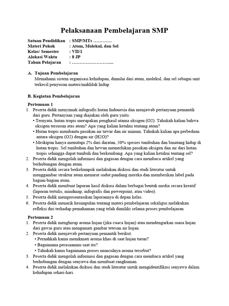 Contoh RPP SMP 2024 | PDF | Karier & Perkembangan | Seni & Disiplin Bahasa