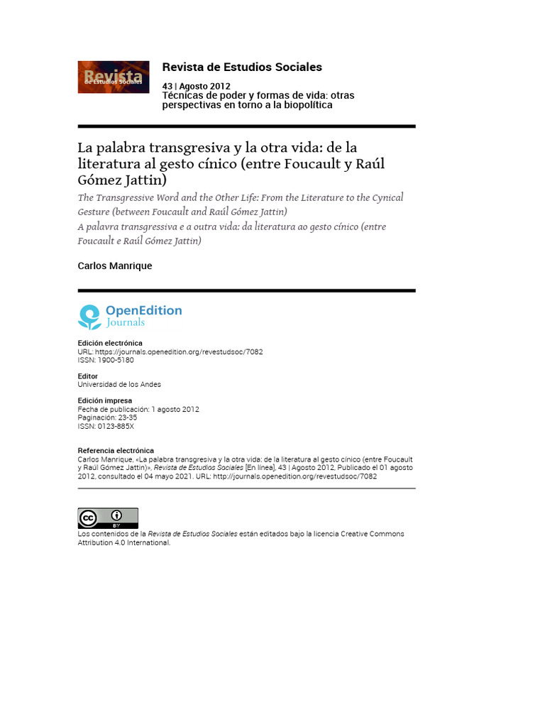 La Palabra Transgresiva y La Otra Vida: de La Literatura Al Gesto ...