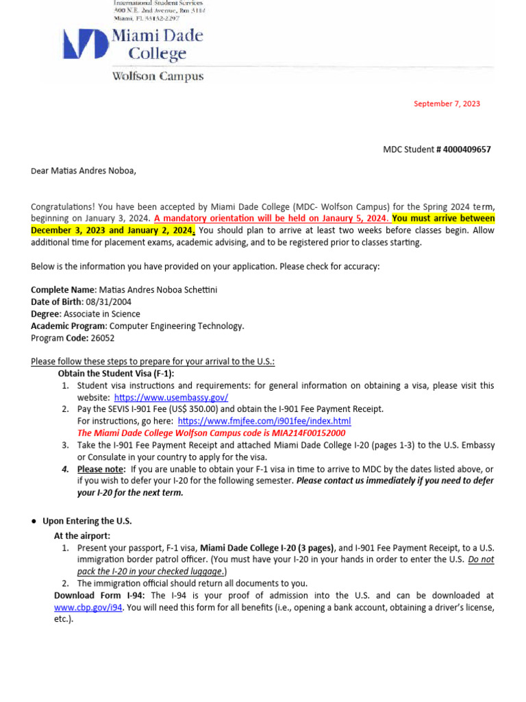 MDC Acceptance Letter for Spring 2024 | PDF | Travel Visa | Insurance