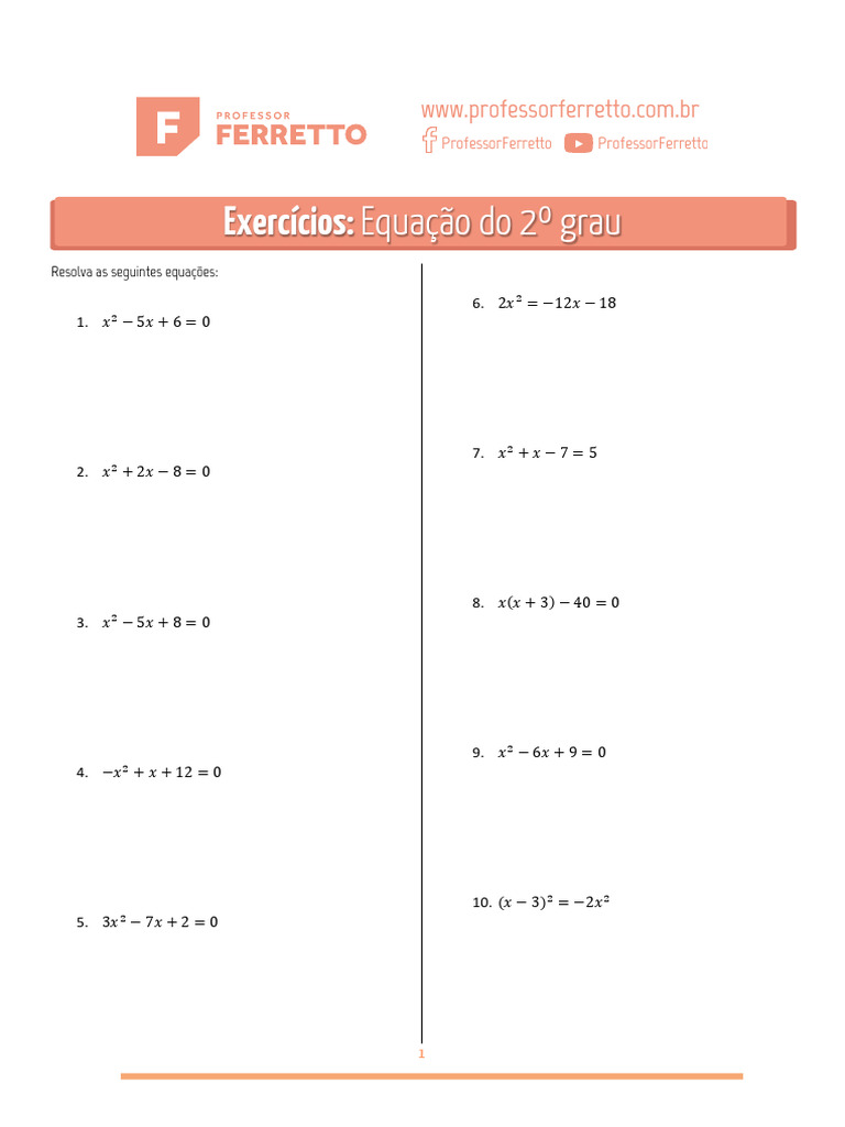 Exercícios - Equação Do 2º Grau | PDF | Equações | Matemática
