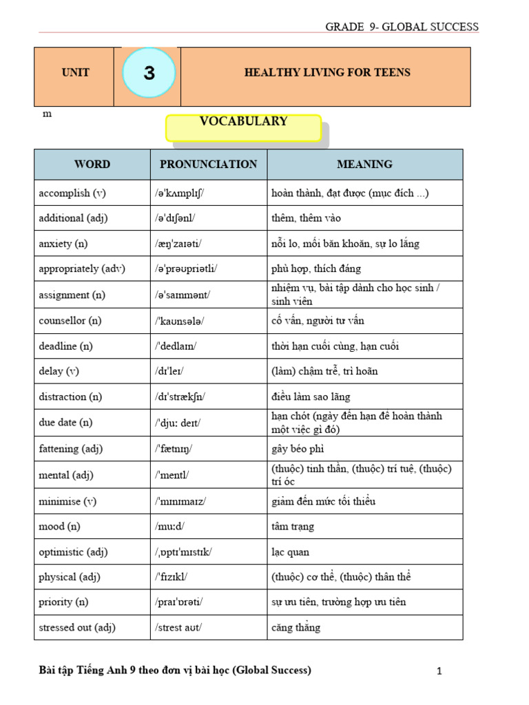 HS Unit 3 Lop 9 GLOBAL SUCCESS | PDF